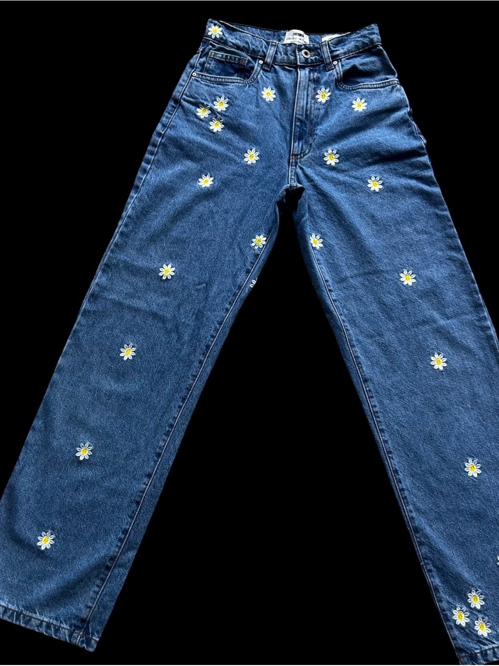 Cotton On Dark Blue Straight Leg Jeans with Daisy Embroidery
